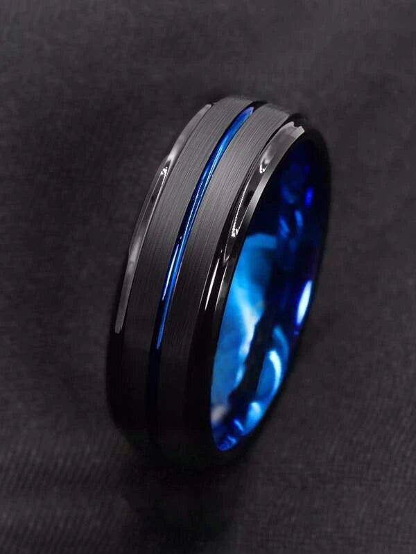 Men's Two Tone Ring Blue/Black Brushed Double Bevel Stainless Steel