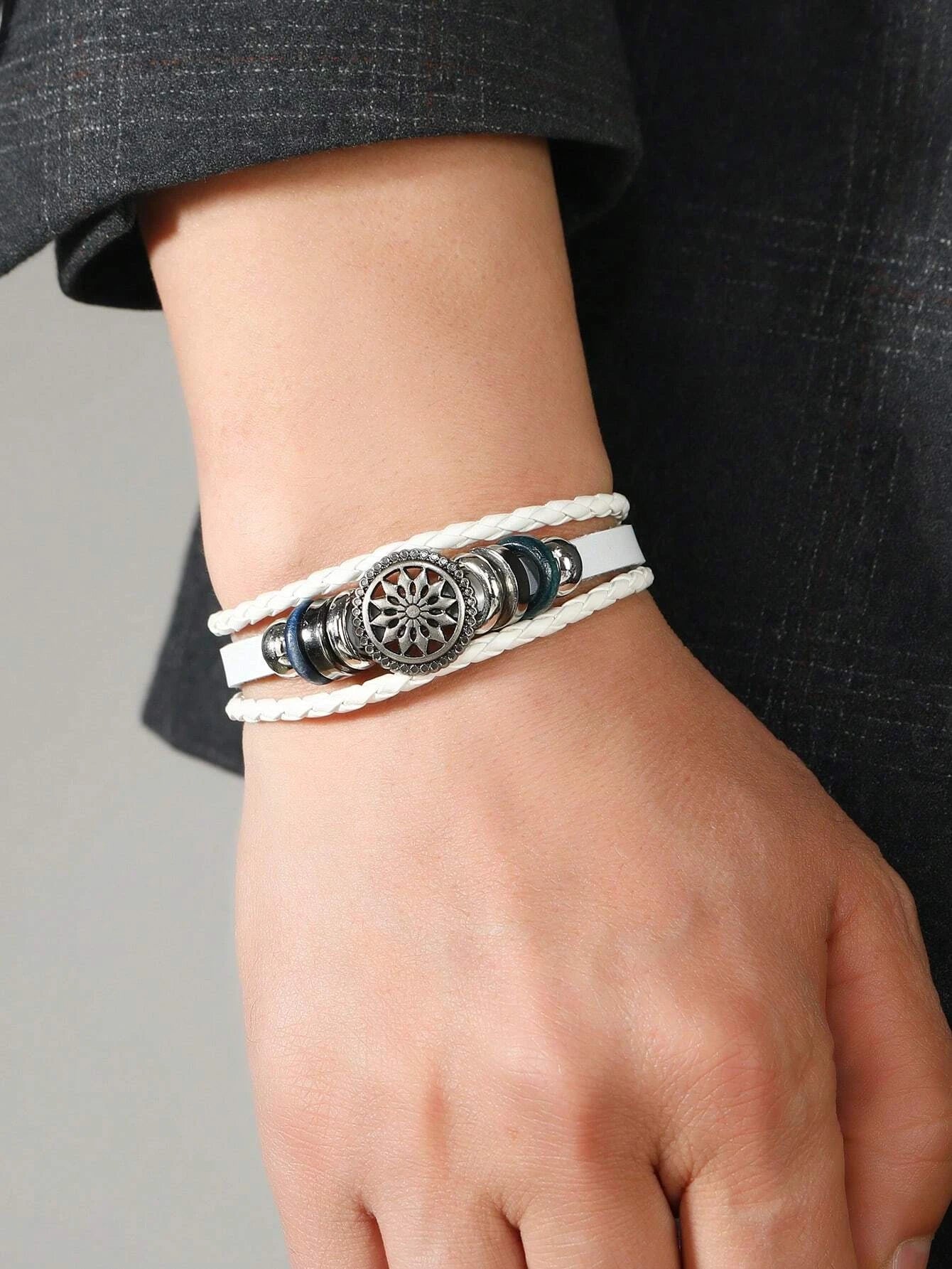 White Bead Flower Design Layered Bracelet