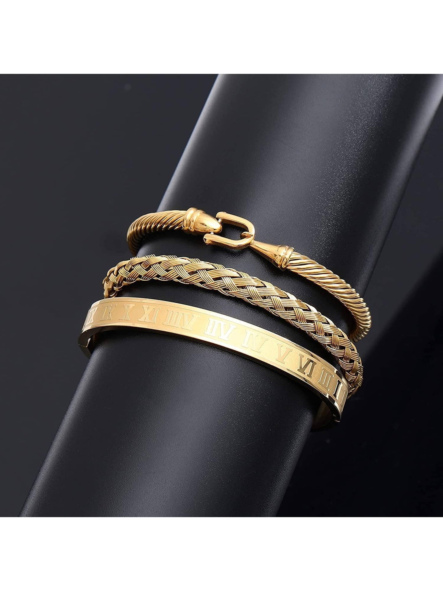 Bracelet and bangle with golden Roman numeral design3 pieces