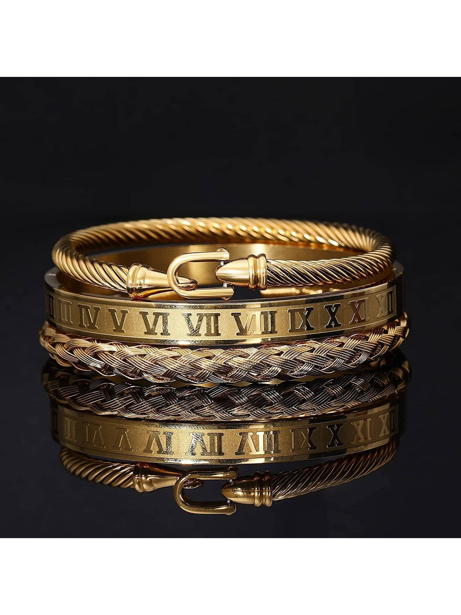 Luxury Mens Stainless Steel Crown Bracelet Set in Gold