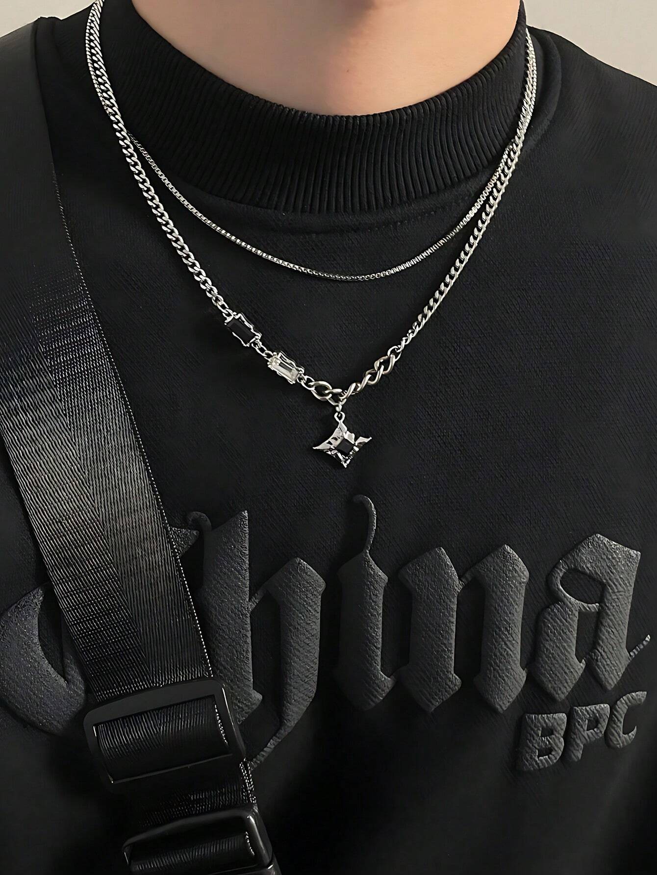 Collar doble con dije de estrella y piedra plateado