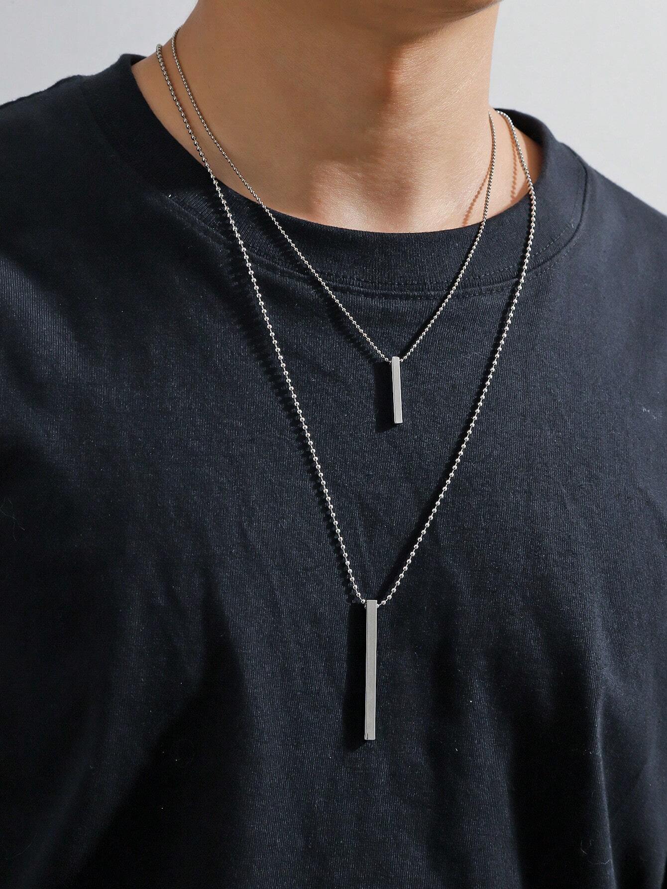 Collar doble con dije de retangulo plateado