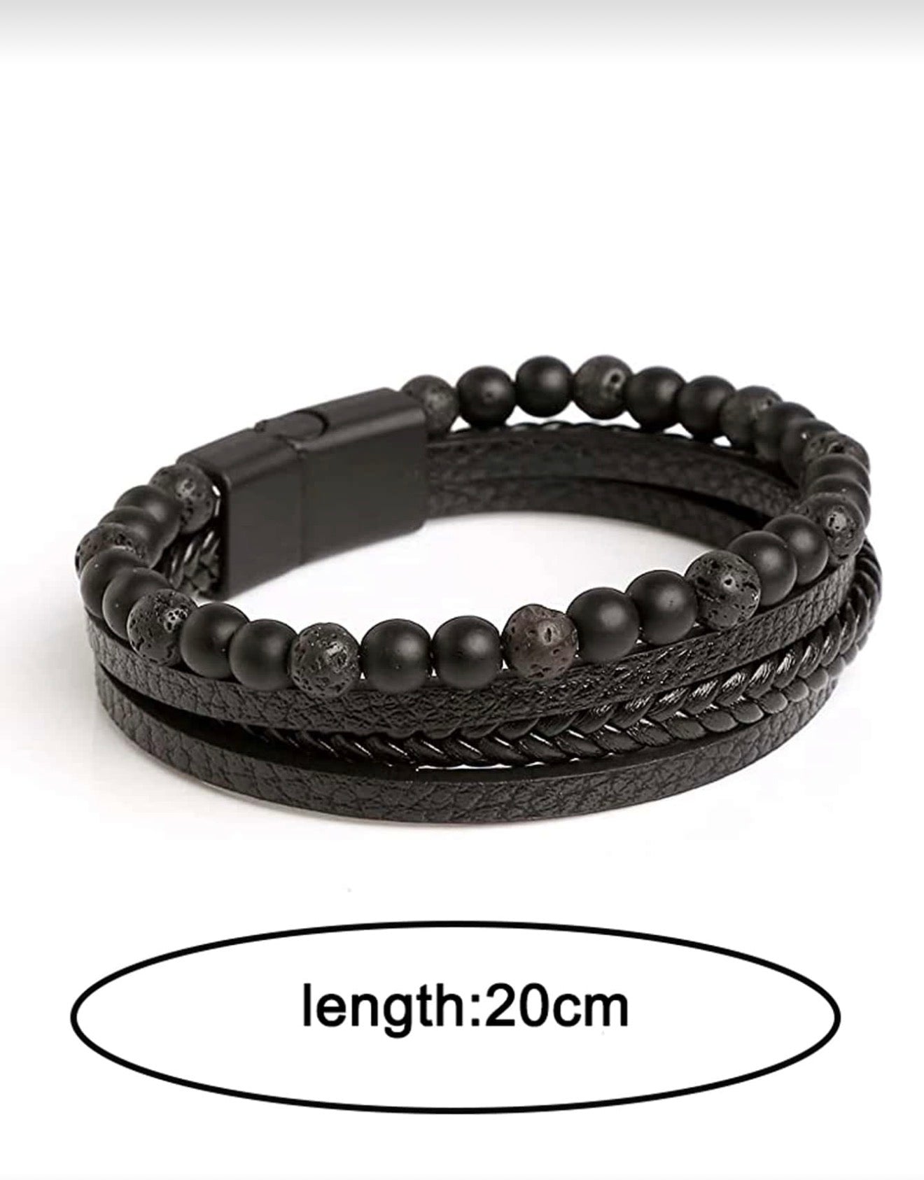 Pulsera con diseño trenzado negro con piedra lava y ónix mate
