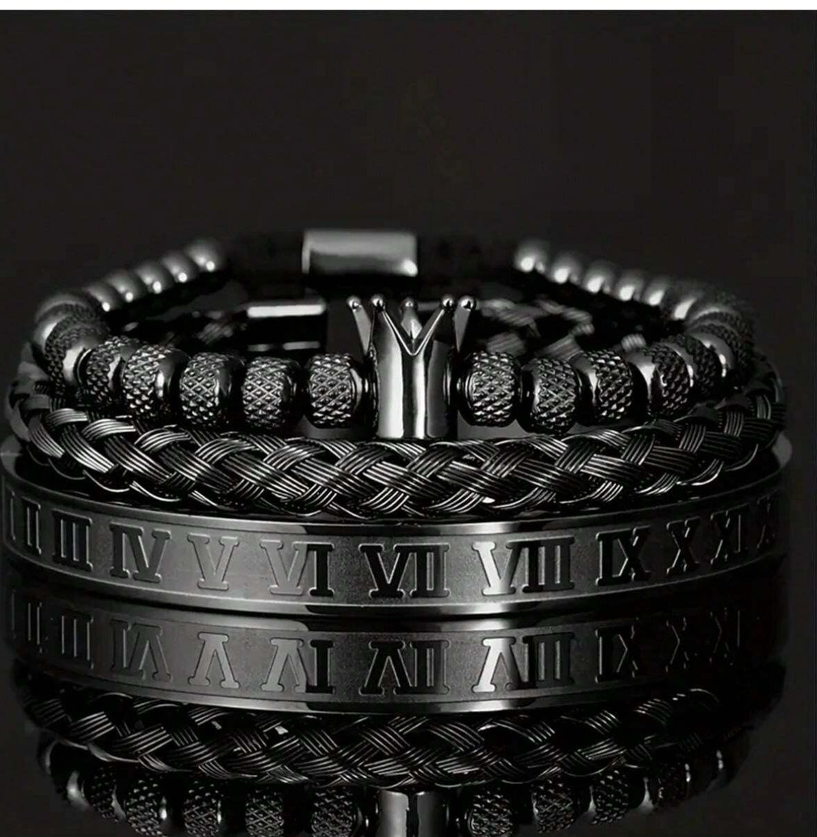 Bracelet and bangle with Roman numerals and crown design silver 3 pieces