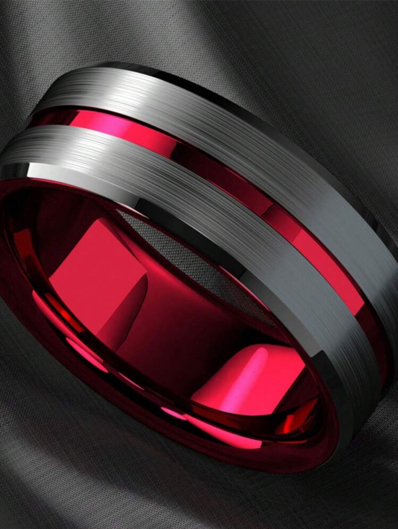 Anillo de dos tonos para hombre Rojo/negro cepillado doble biselado acero inoxidable