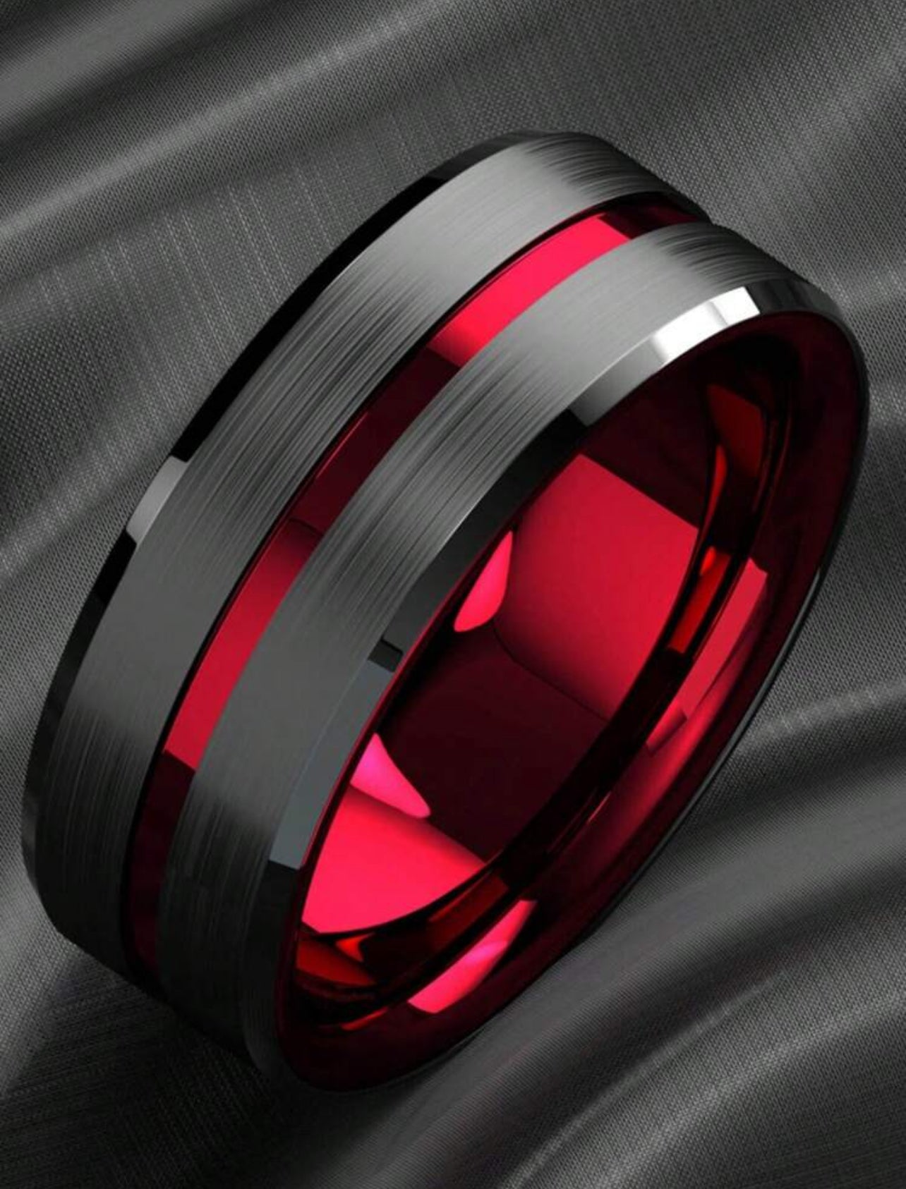 Anillo de dos tonos para hombre Rojo/negro cepillado doble biselado acero inoxidable