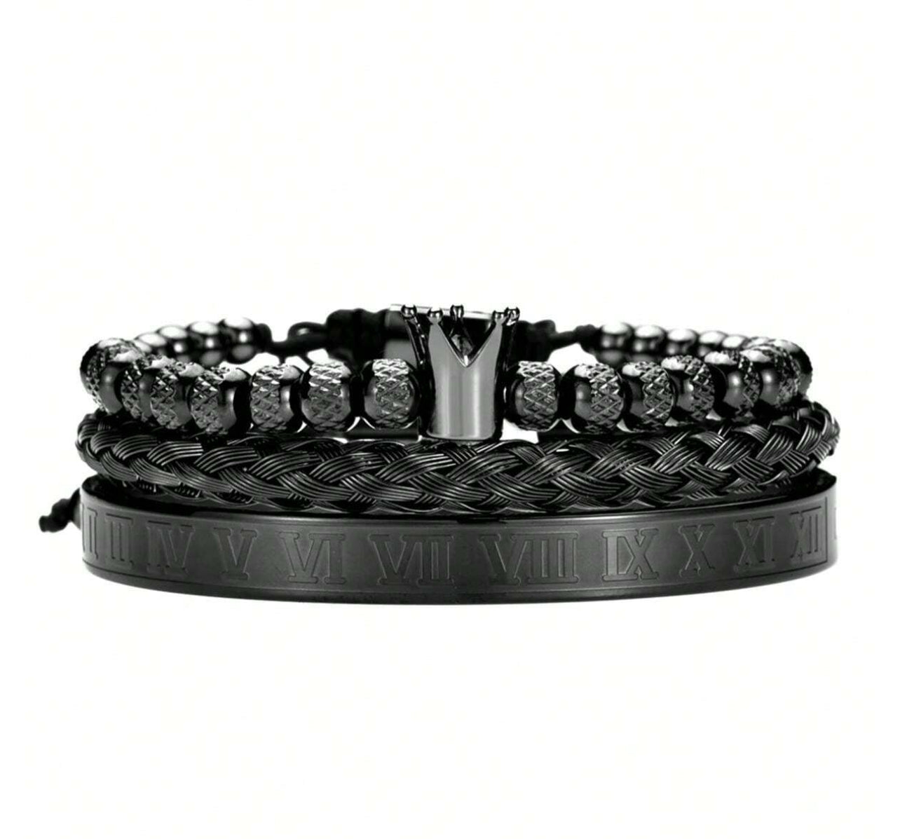 Bracelet and bangle with Roman numerals and crown design silver 3 pieces