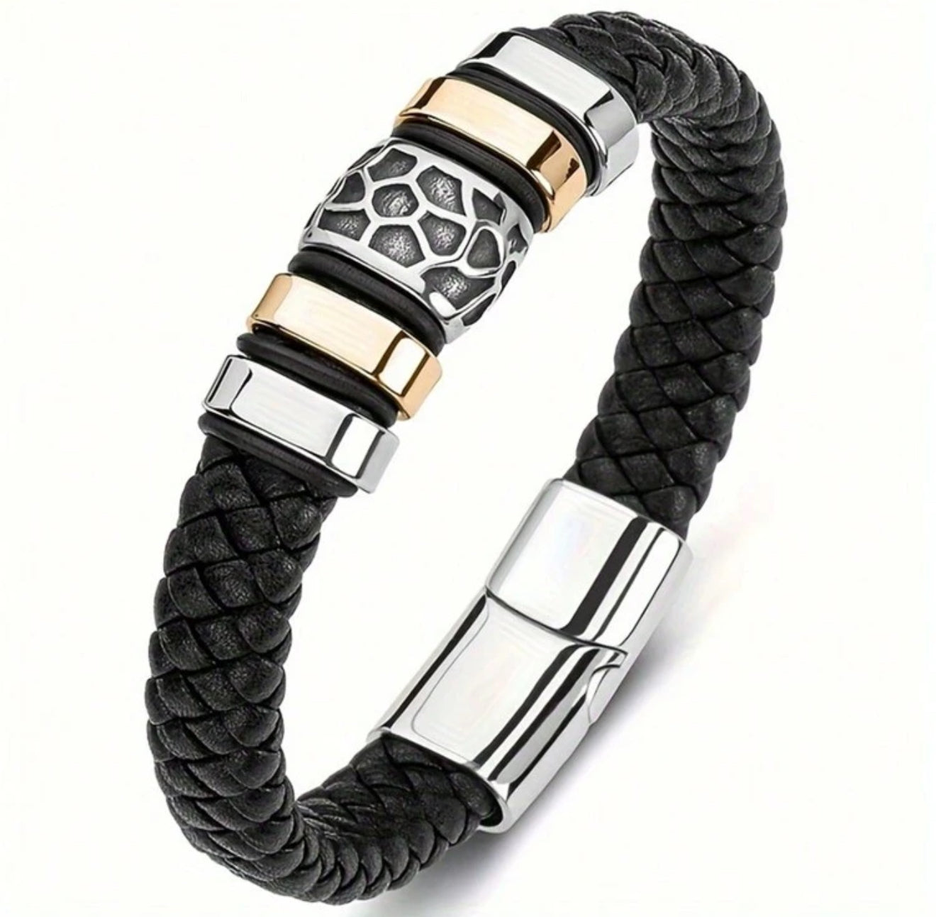 Pulsera Negro con Detalle en Acero plateado y Dorado