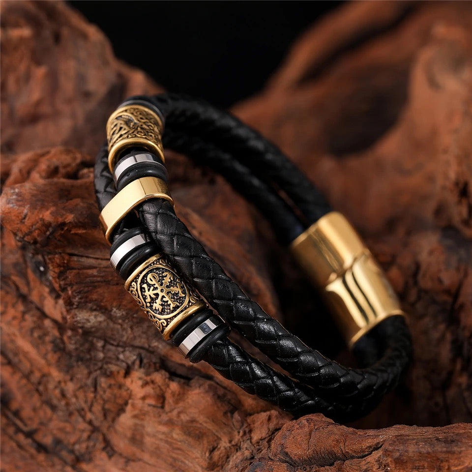 Nordic Runes Black Leather Viking Bracelet with Magnetic Lock