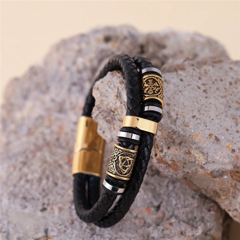 Nordic Runes Black Leather Viking Bracelet with Magnetic Lock