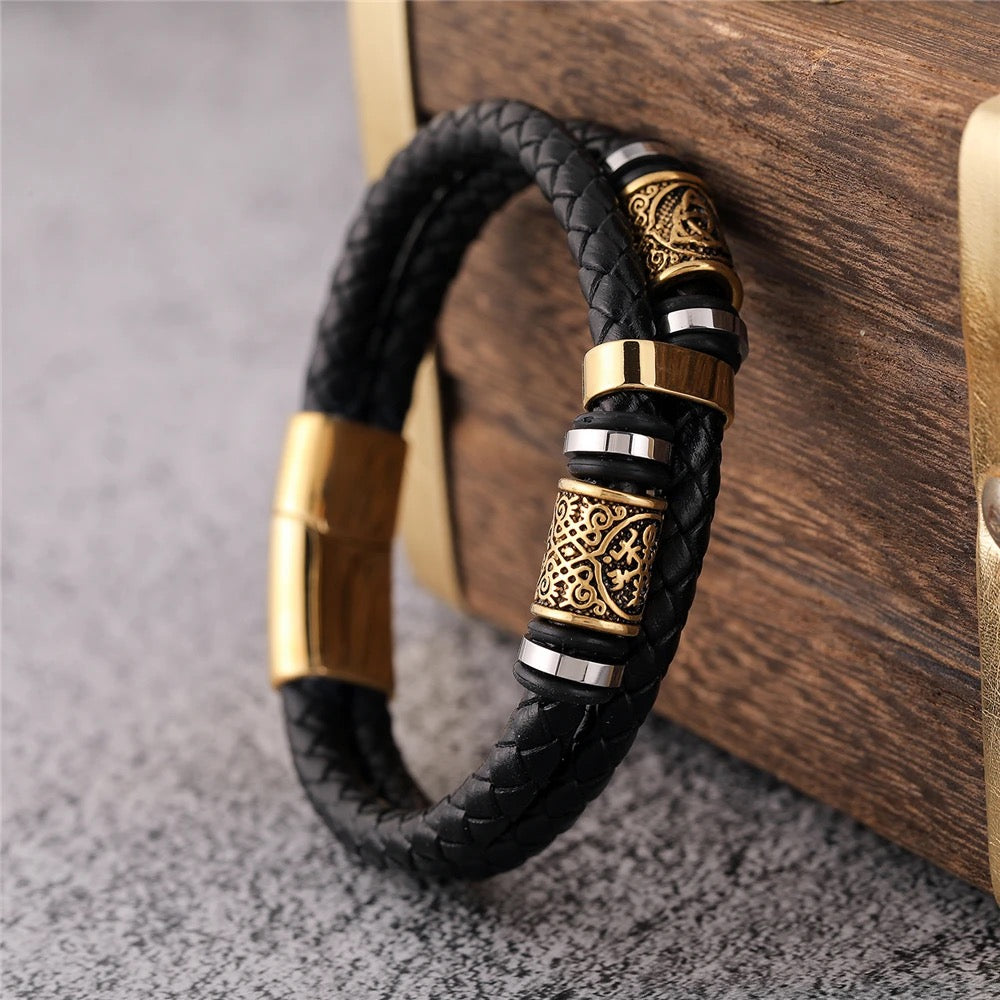 Nordic Runes Black Leather Viking Bracelet with Magnetic Lock