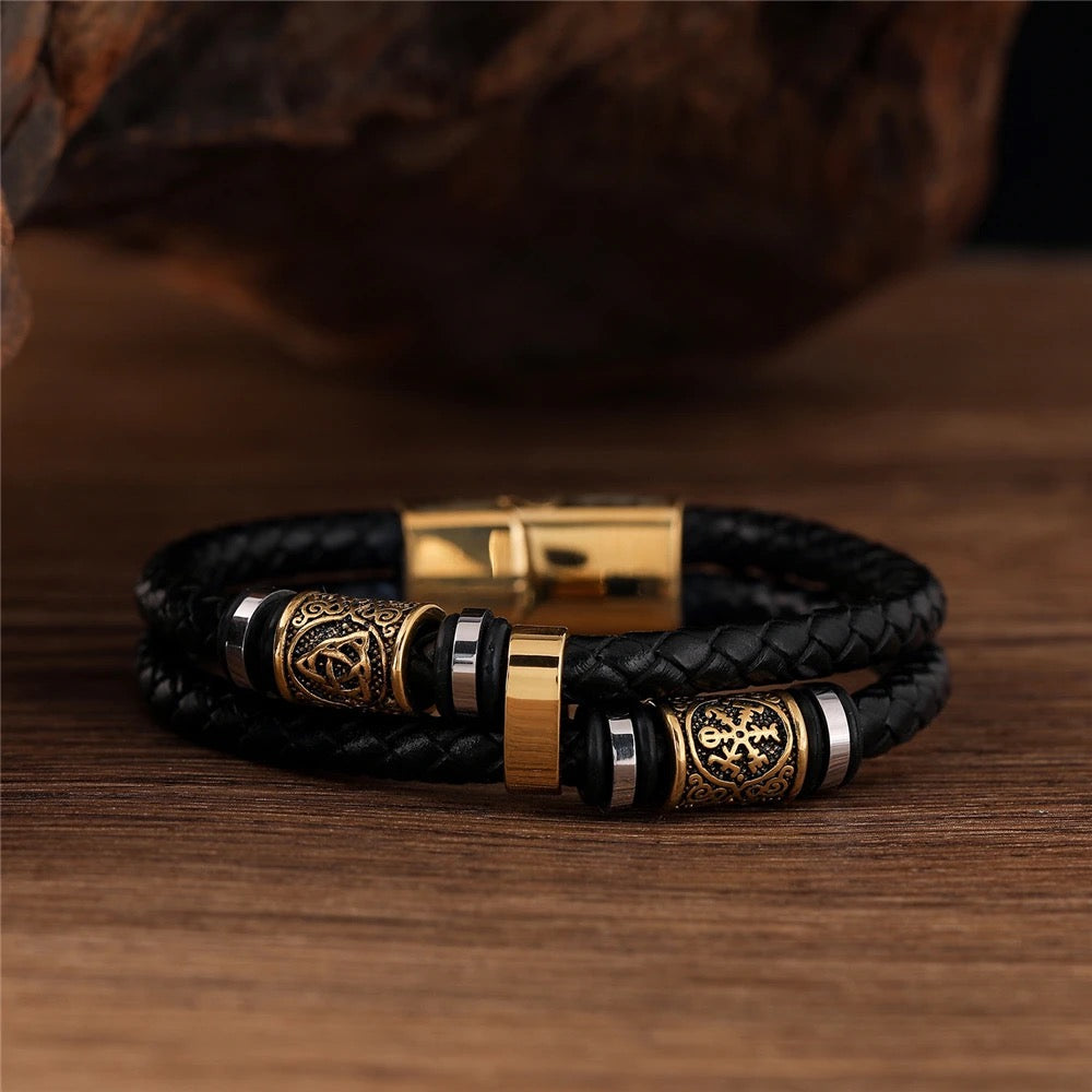 Nordic Runes Black Leather Viking Bracelet with Magnetic Lock