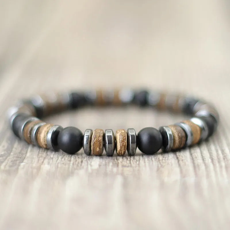 Pulsera Cuenta de Madera y Hematita