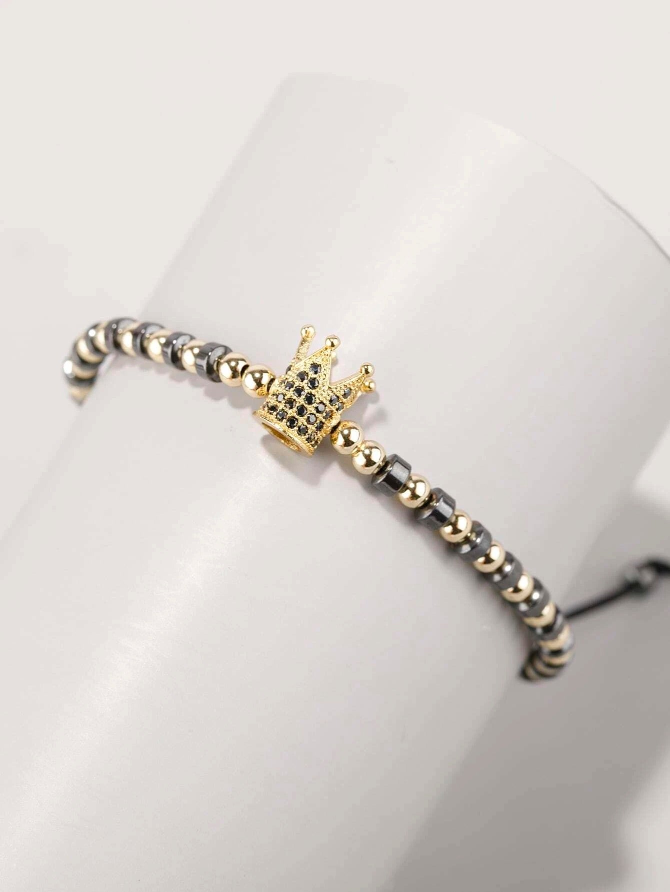 Adjustable Bead and Gold Crown Bracelet