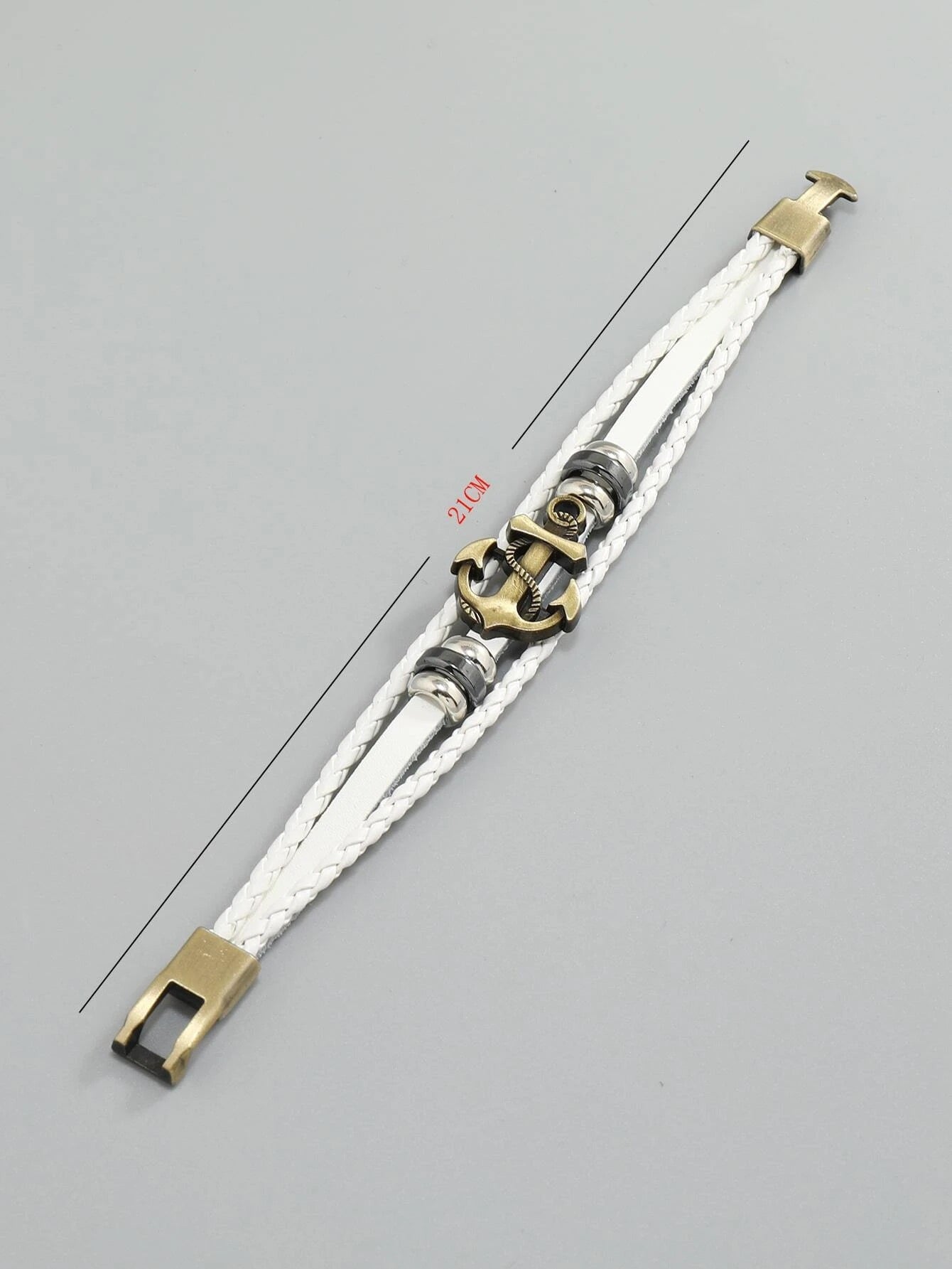 White leatherette layered bracelet with reinforced closure and anchor detail