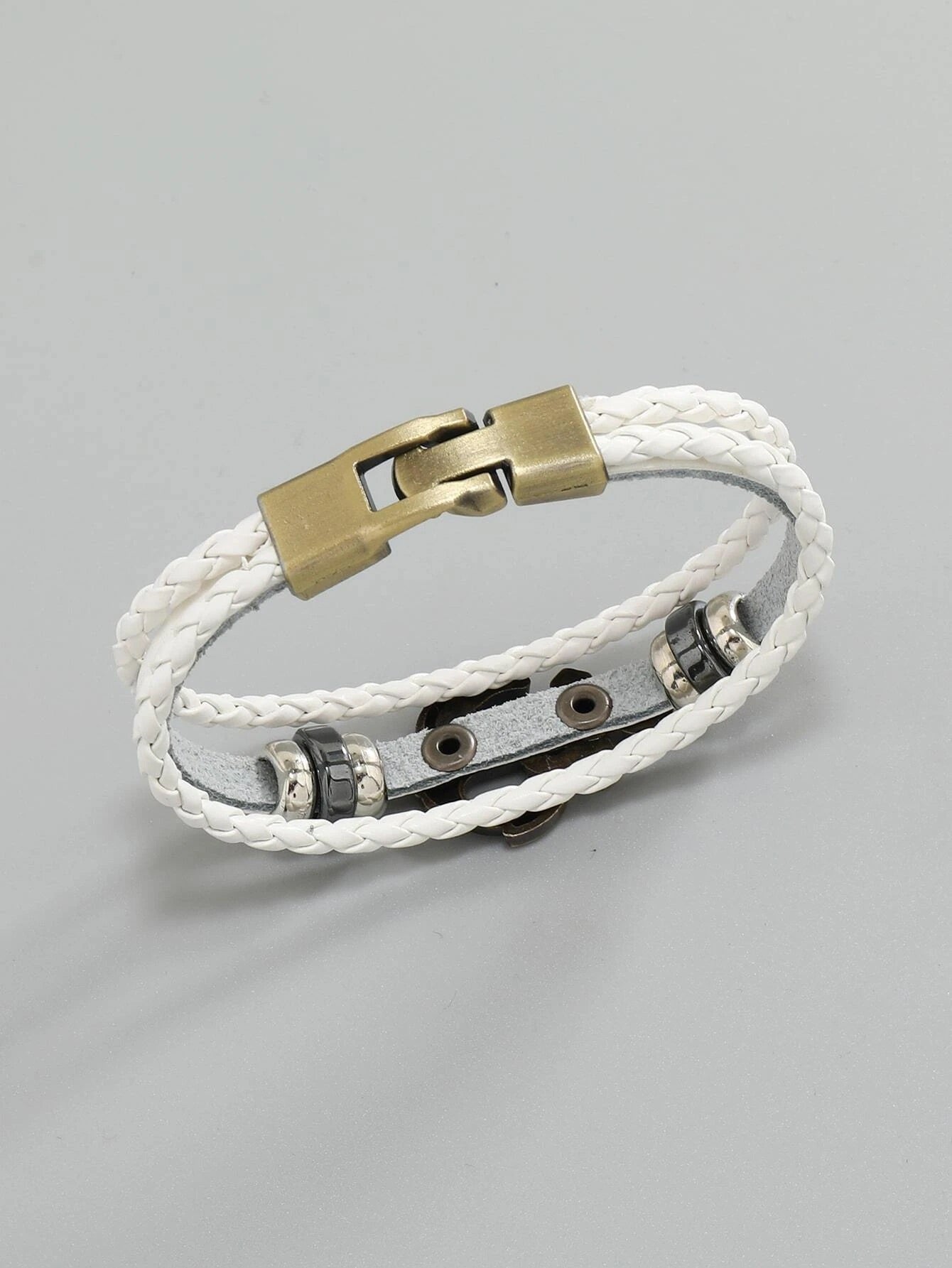 White leatherette layered bracelet with reinforced closure and anchor detail
