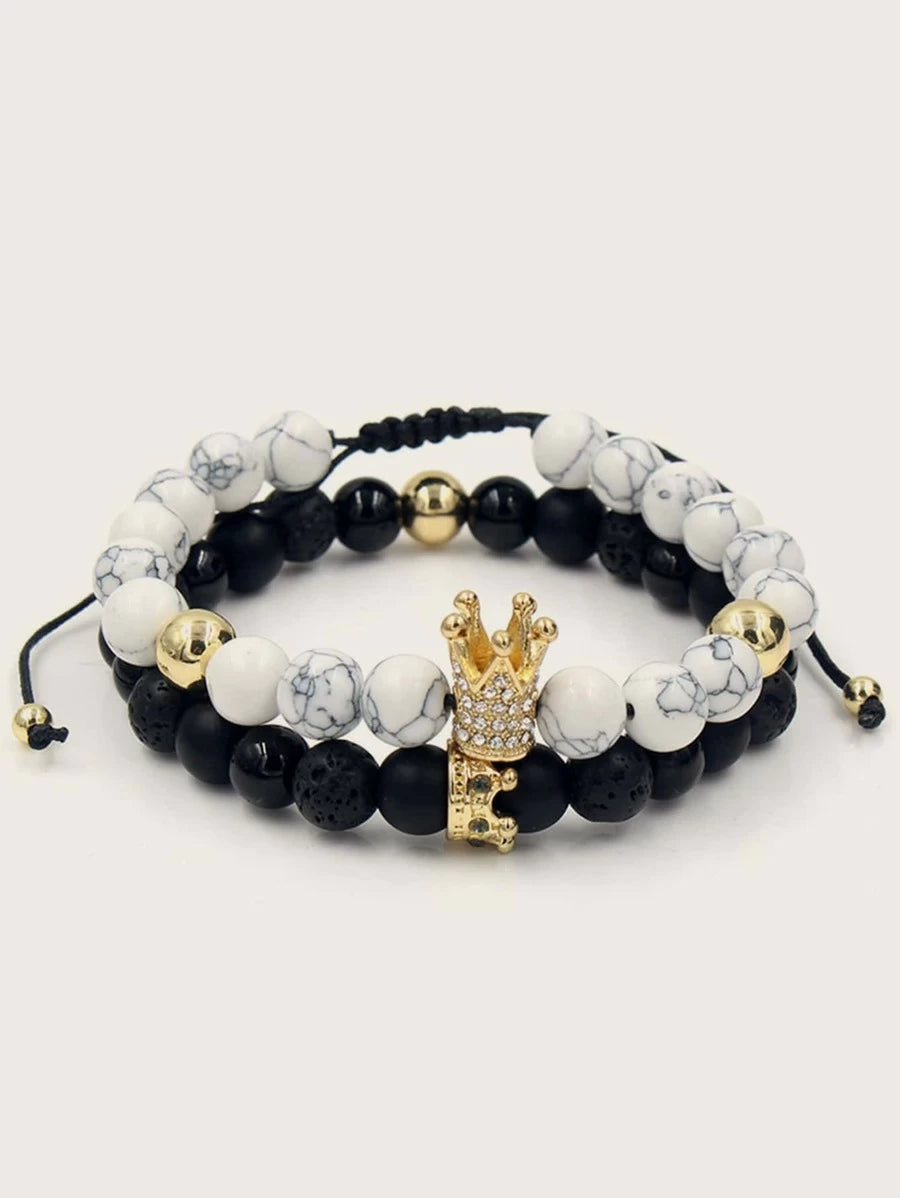 2 Pieces Bracelet with Marble Pattern and Golden Crown