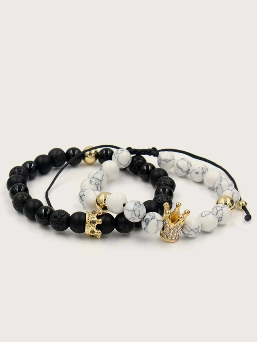 2 Pieces Bracelet with Marble Pattern and Golden Crown