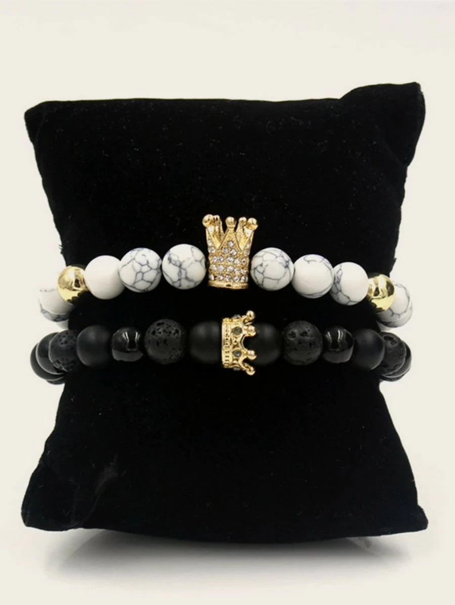 2 Pieces Bracelet with Marble Pattern and Golden Crown