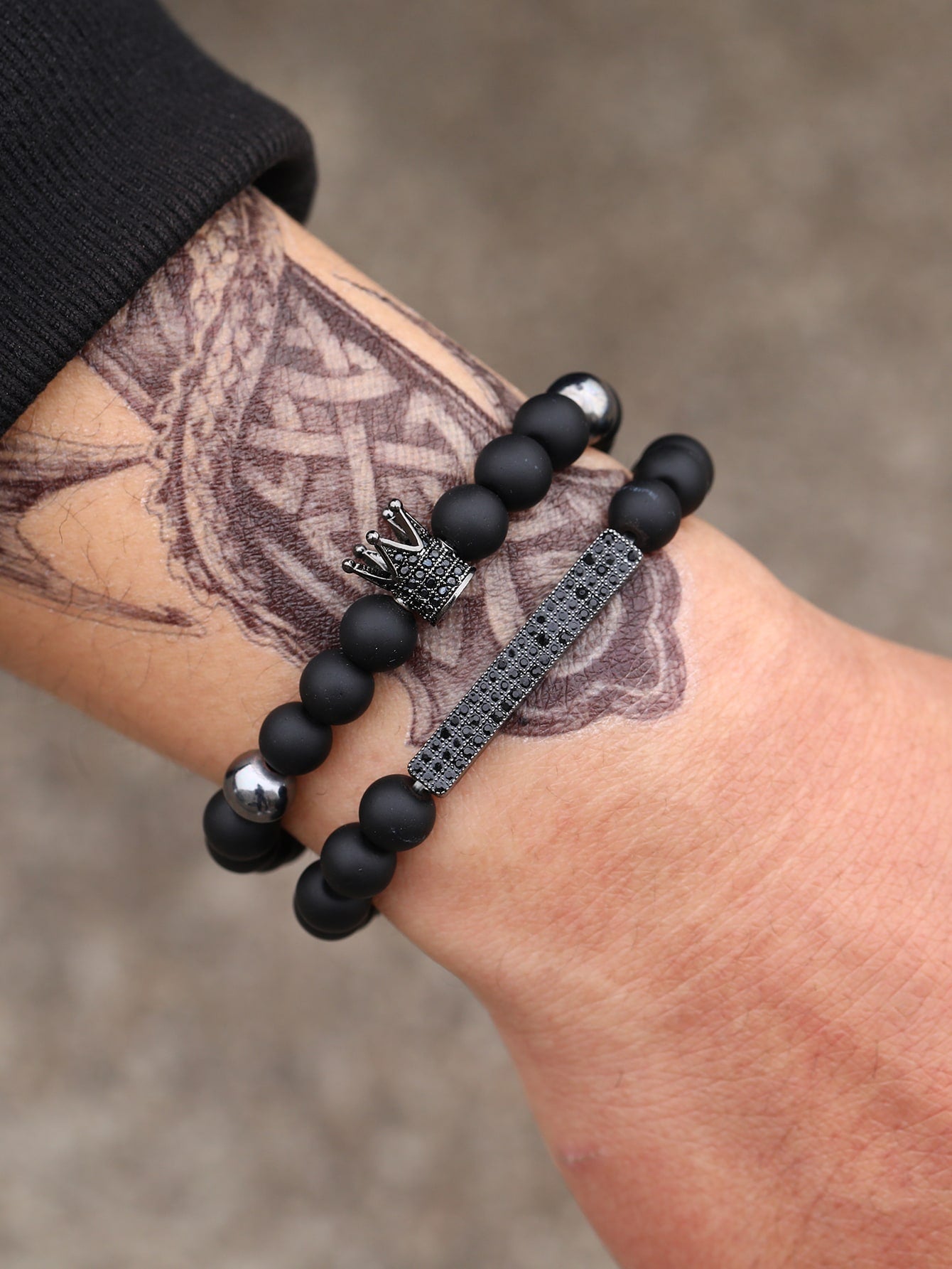 Men's Beaded Bracelet with Crown Design 2 Pieces