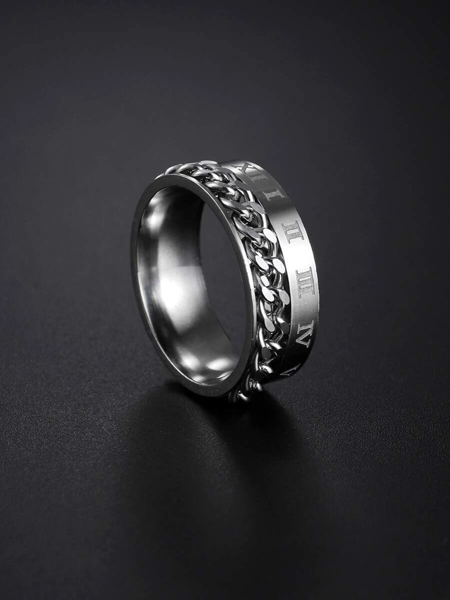 Silver Stainless Steel Roman Numerals Design Ring