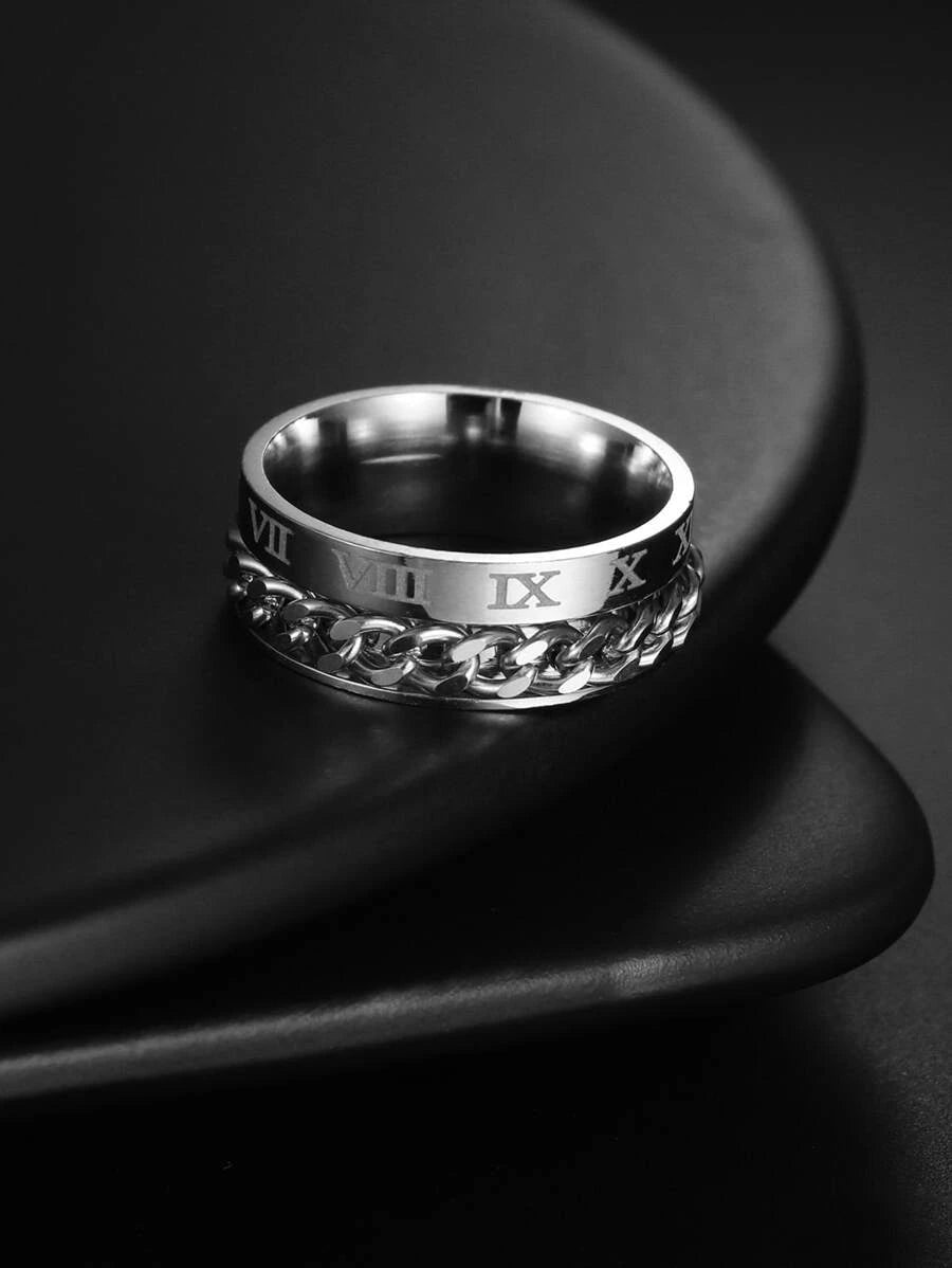 Silver Stainless Steel Roman Numerals Design Ring