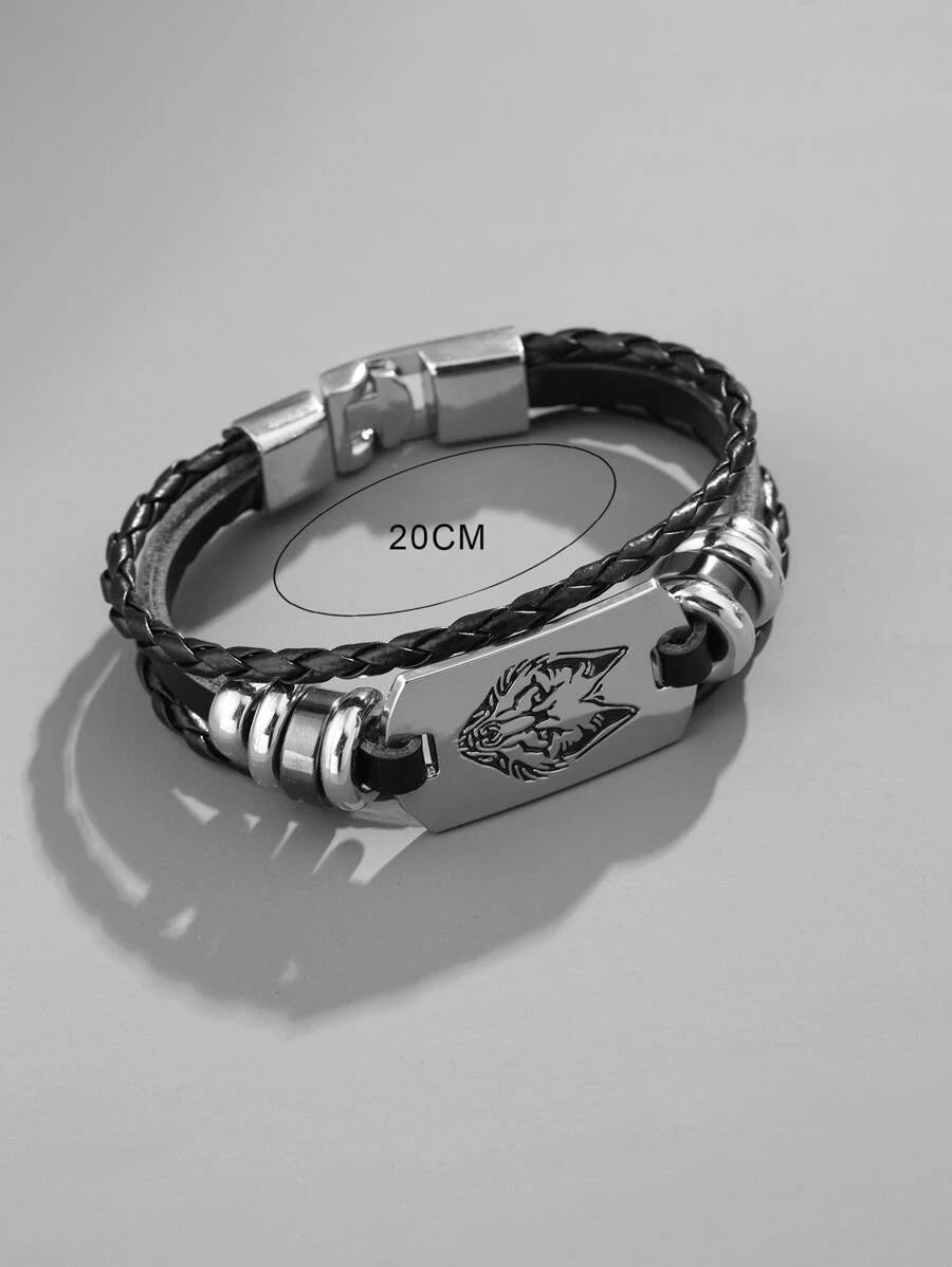 Bracelet with metal detail and wolf animal pattern