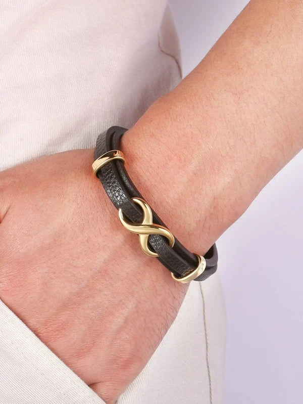 Leather bracelet with gold infinity design