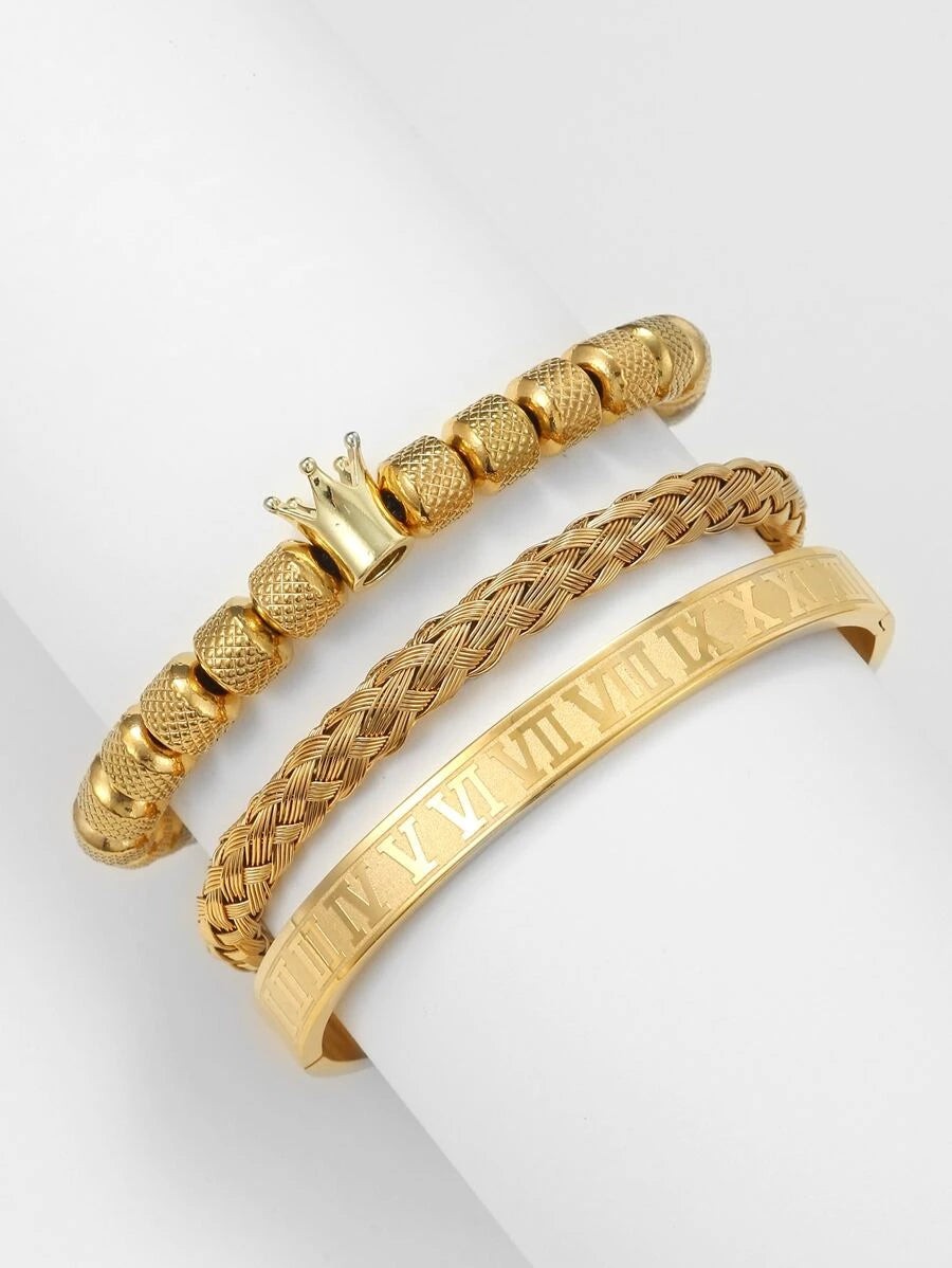 3-piece crown design bracelet in gold stainless steel
