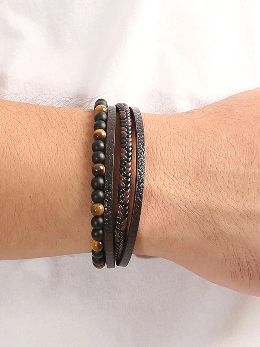 Bracelet with brown braided and bead design