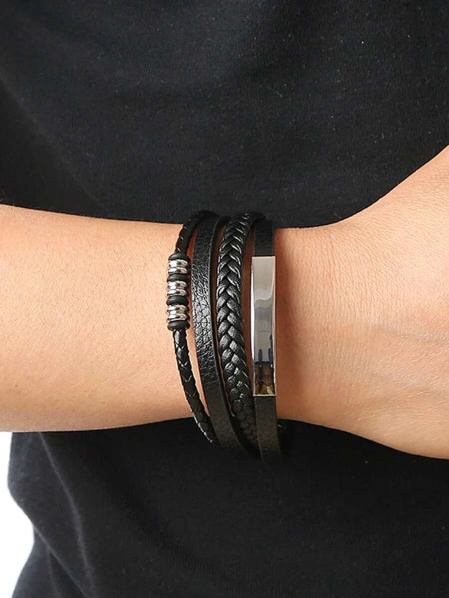 Layered bracelet with braided design and metal detail