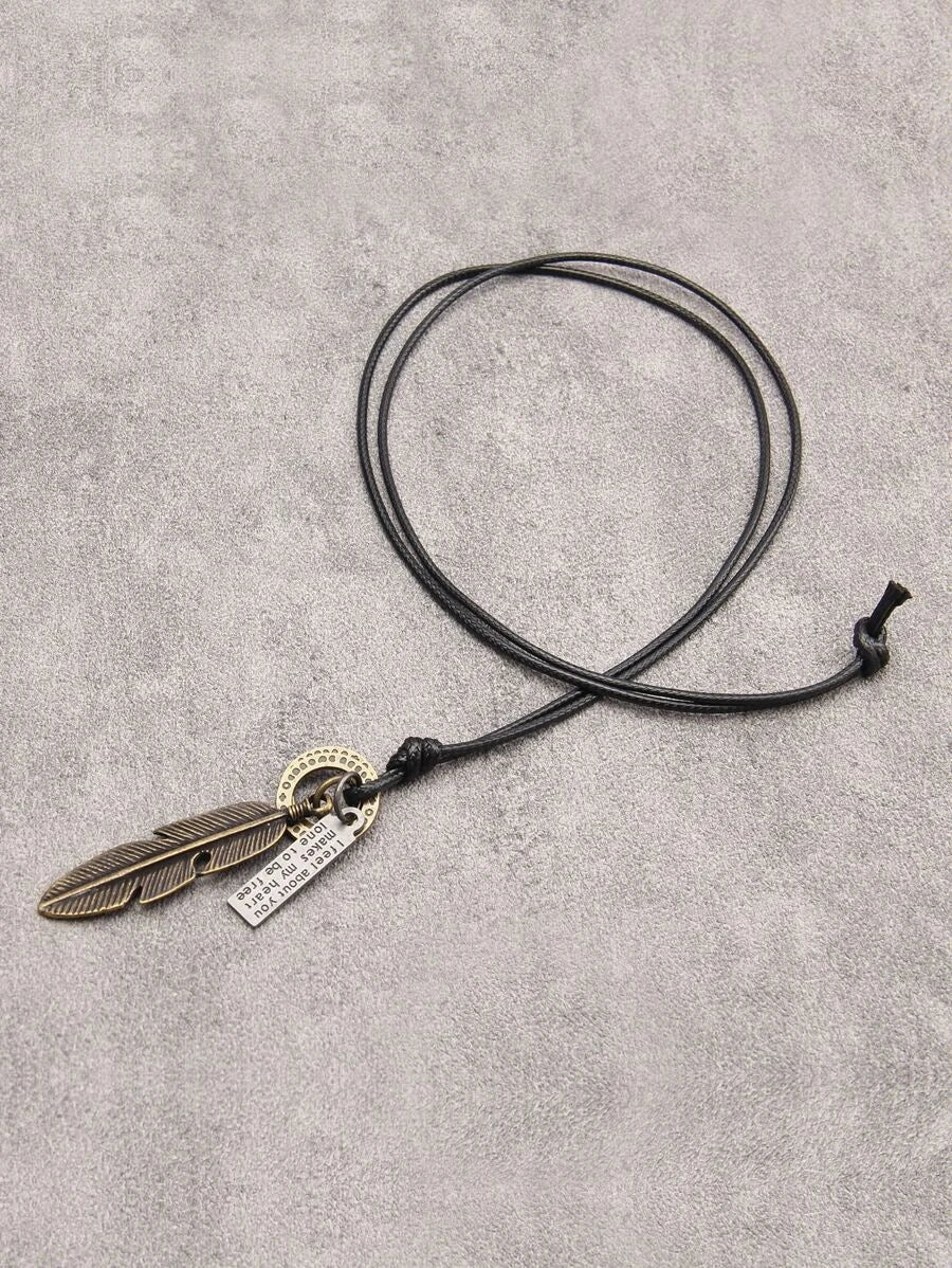 Necklace with rectangle slogan print and bronze feather design