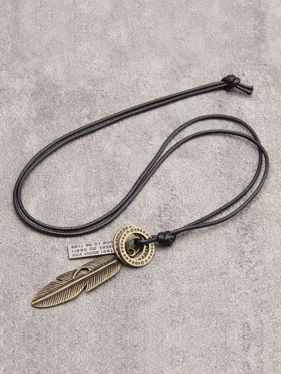 Necklace with rectangle slogan print and bronze feather design