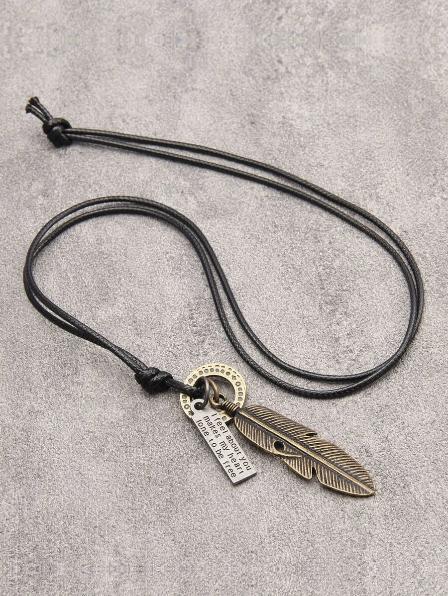 Necklace with rectangle slogan print and bronze feather design