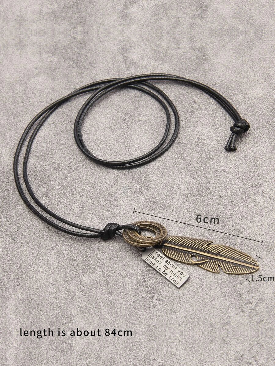 Necklace with rectangle slogan print and bronze feather design