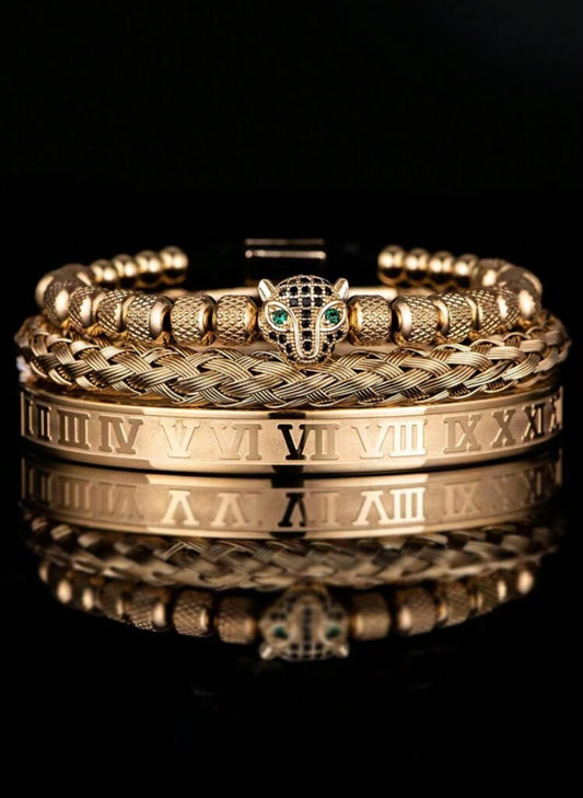 Pulsera con diseño de pantera y numeros romanos 3 piezas en acero inoxidable dorado