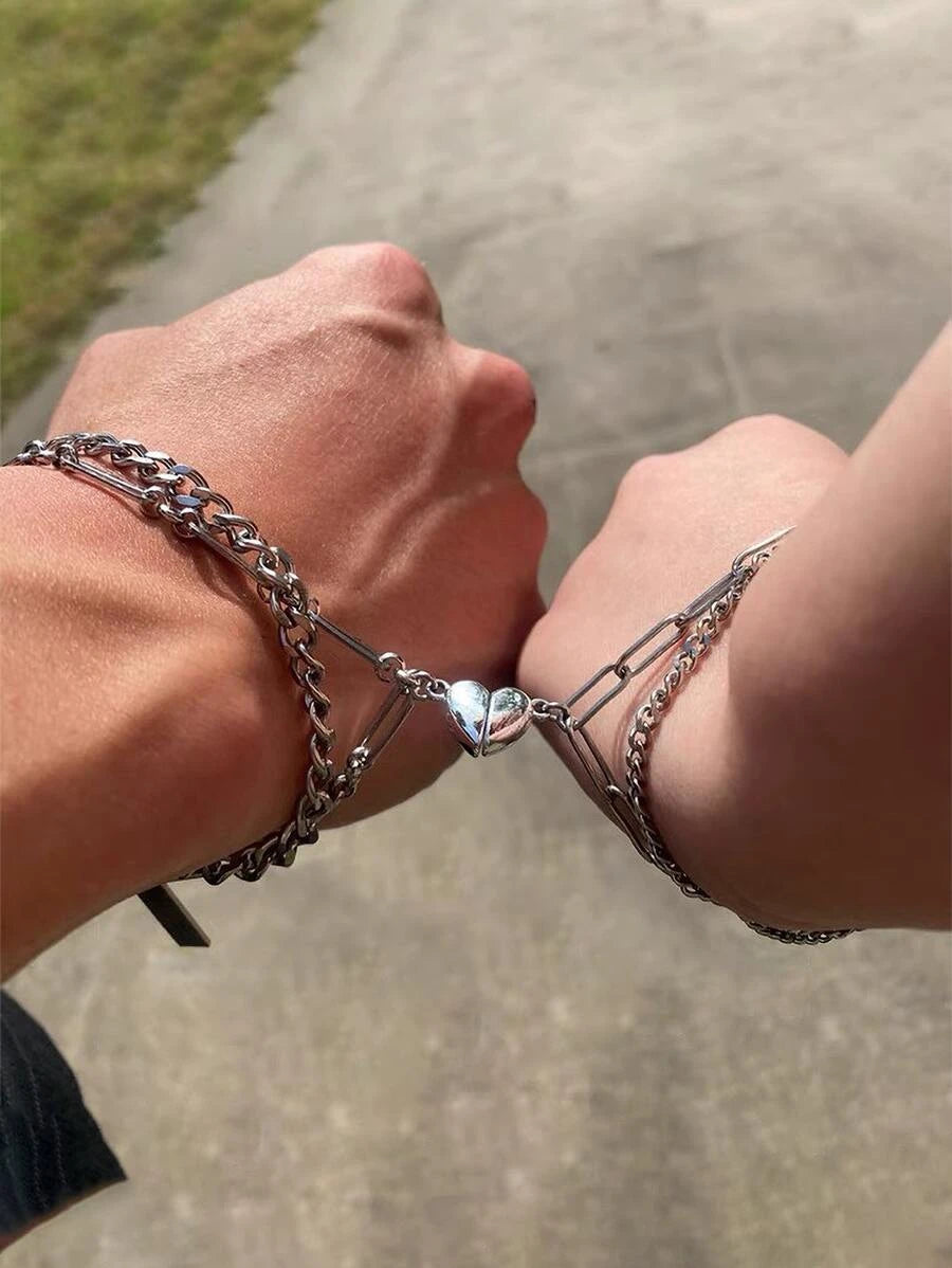 Magnetic Layered Bracelet for Couples with Silver Heart Accessory 2 Pcs