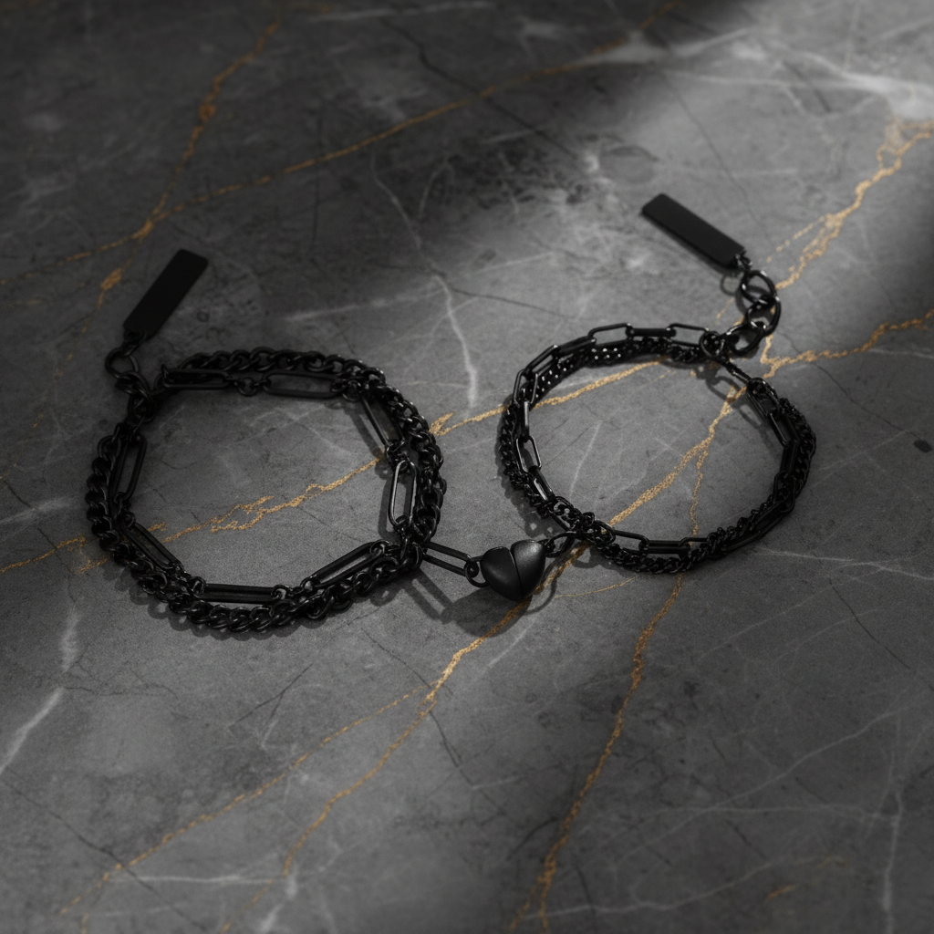 Magnetic couples bracelet with heart accessory 2 pieces black