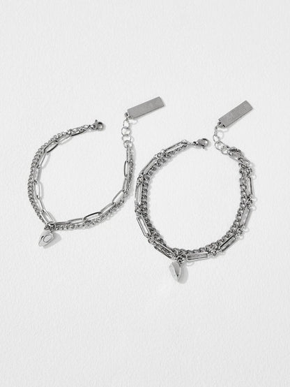 Magnetic Layered Bracelet for Couples with Silver Heart Accessory 2 Pcs