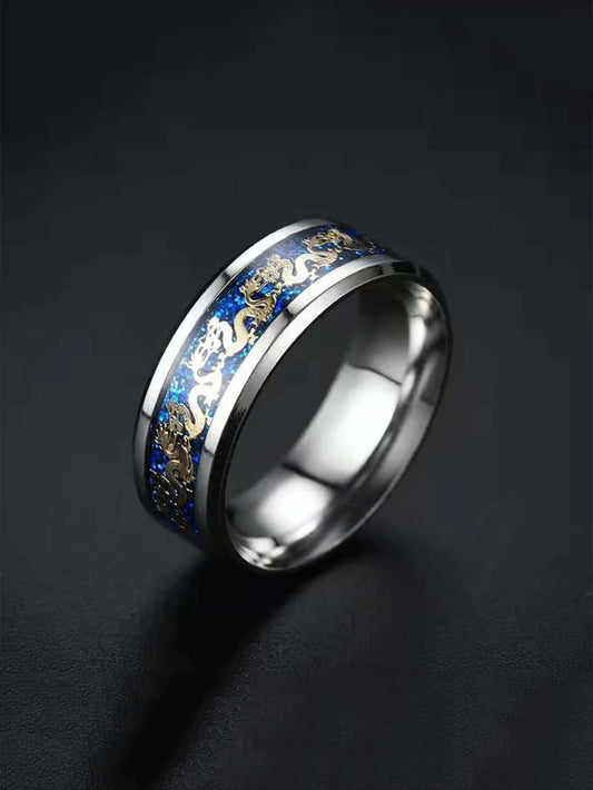 Silver and blue ring with dragon detail