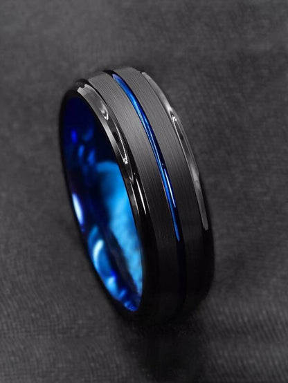 Anillo de dos tonos para hombre azul/negro cepillado doble biselado acero inoxidable