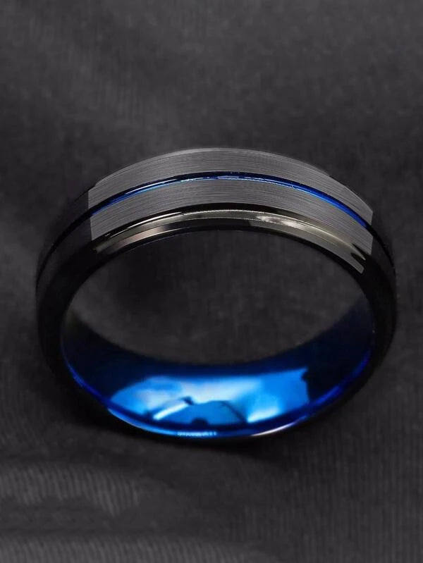 Anillo de dos tonos para hombre azul/negro cepillado doble biselado acero inoxidable