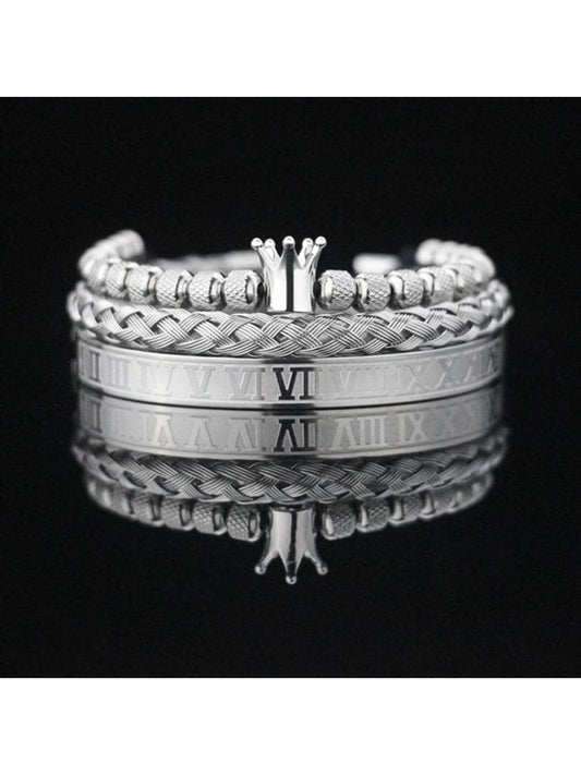 Pulsera y brazalete con diseño de numeros romanos y corona plateado 3 piezas*