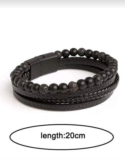 Pulsera con diseño trenzado negro con piedra lava y ónix mate