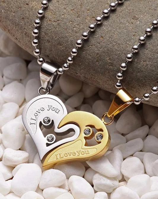 Couple necklace lock and key heart pendant 2 pieces