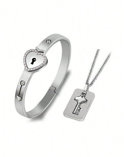 Pulsera  y collar para parejas con accesorio de corazón y llave plateado 2 piezas