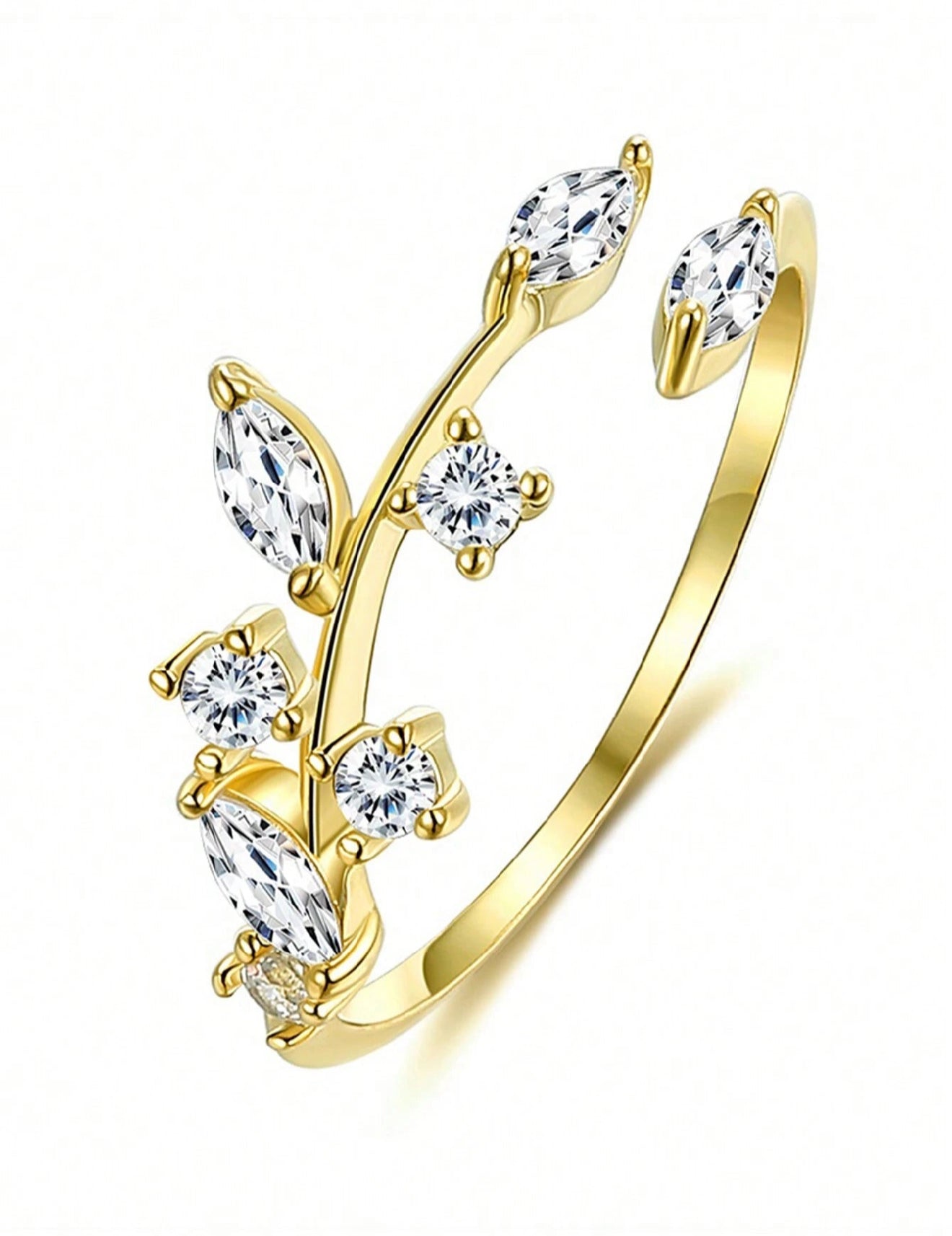 Sortija de dama en plata 925 Dorado con hojas y piedras