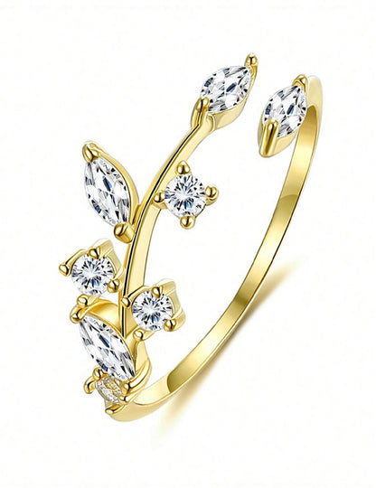 Sortija de dama en plata 925 Dorado con hojas y piedras