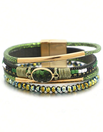 Mia - Brazalete a capas verde con piedra hematita y jade