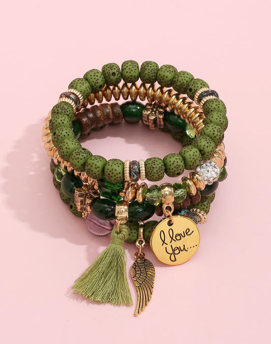 MIA - Set de pulseras Green Day con abalorios y borlas verdes
